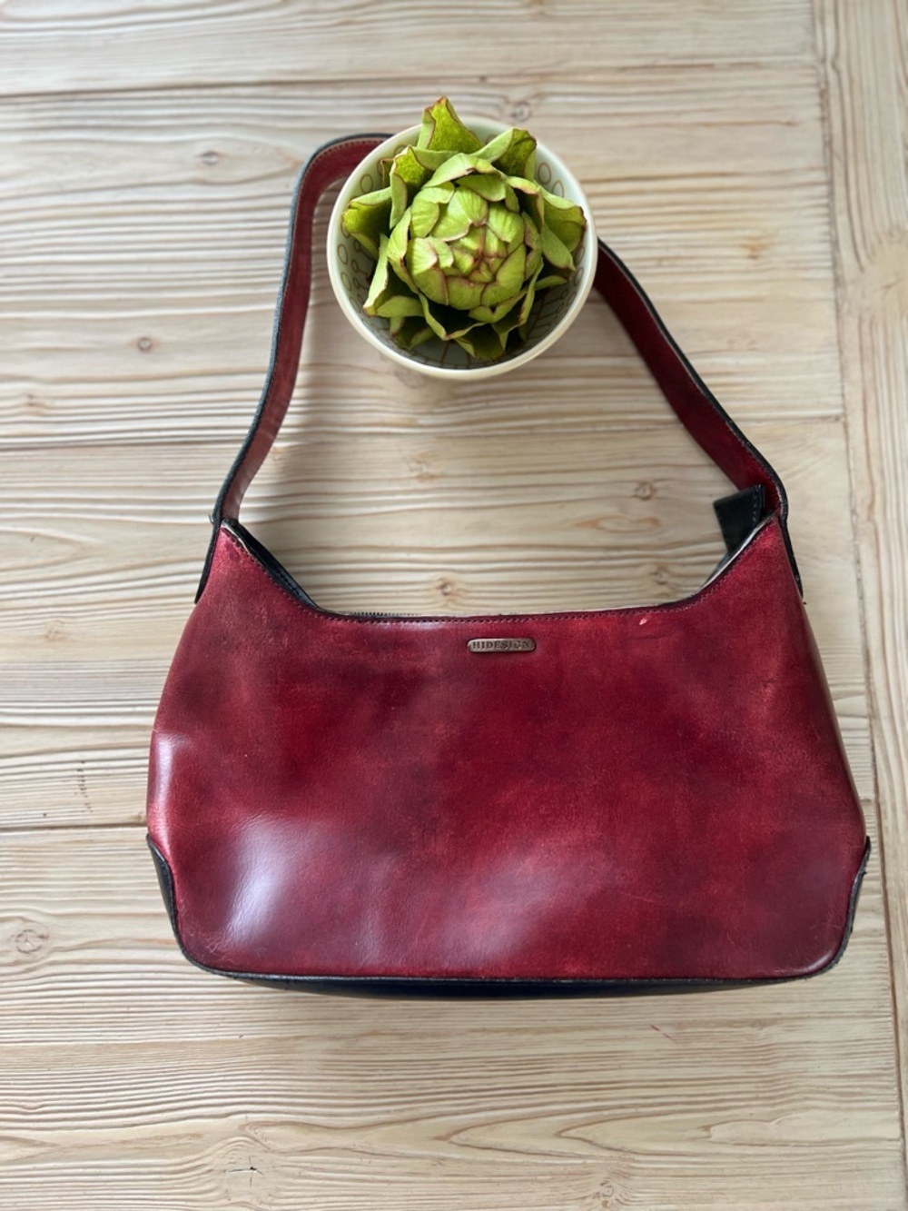 Hidesign Leather Shoulder Bag Distressed Red Brown Hobo Vintage Patina